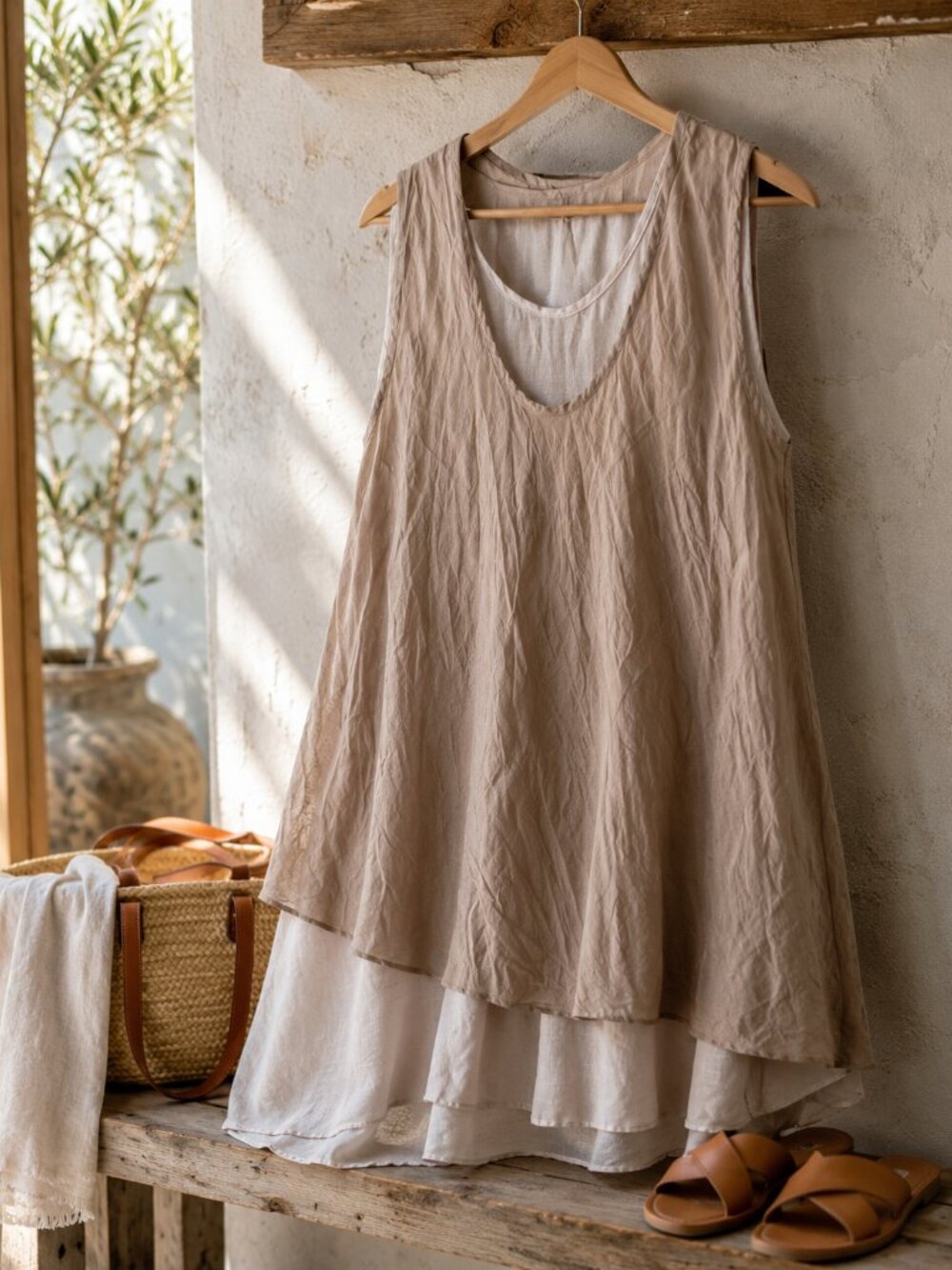 Beige Layered Sleeveless Chiffon Tunic